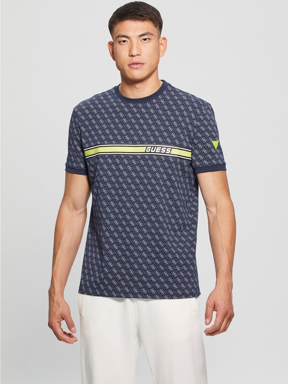 Guess Navy All-Over Logo Tee with Neon Accent